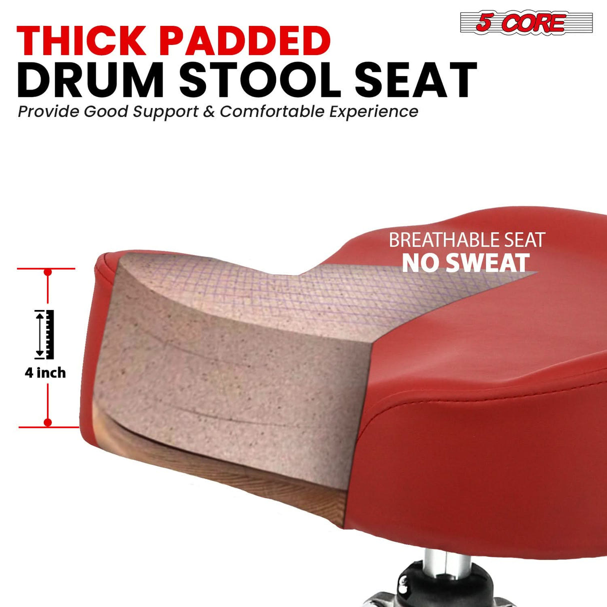 5Core Drum Throne 4" Cushion Padded Stool w Backrest Airlift Height Adjustable Chair w 441Lb Capcity