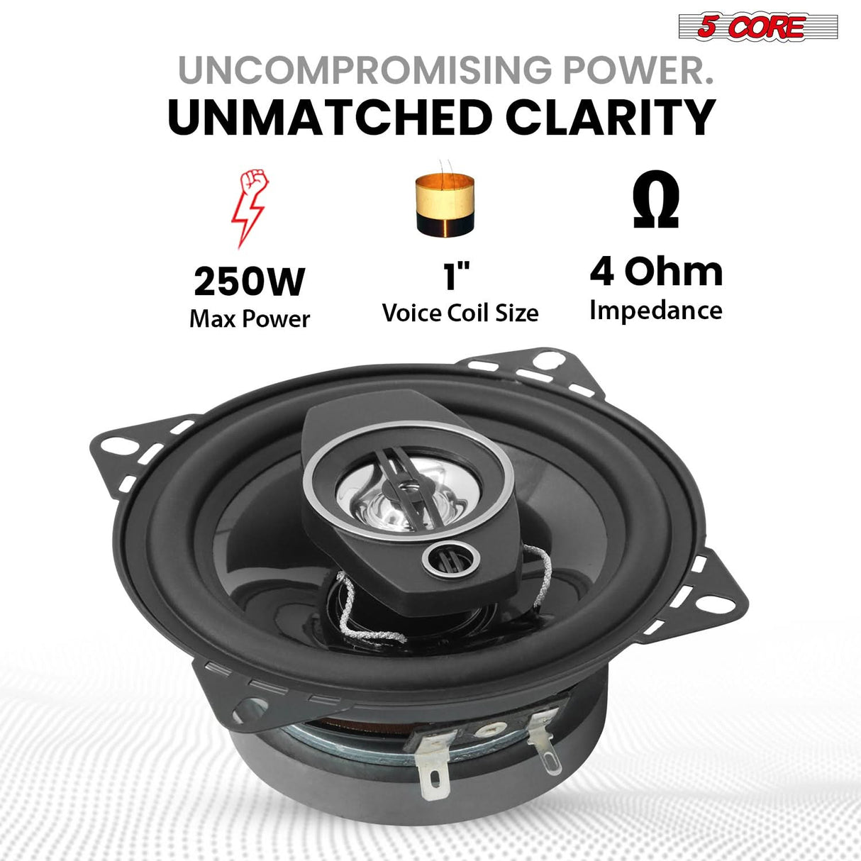 5Core Coaxial Door Car Speakers 4” 4Pcs 250W 4Ohm 2 Way Component Subwoofer Audio w Super Tweeter