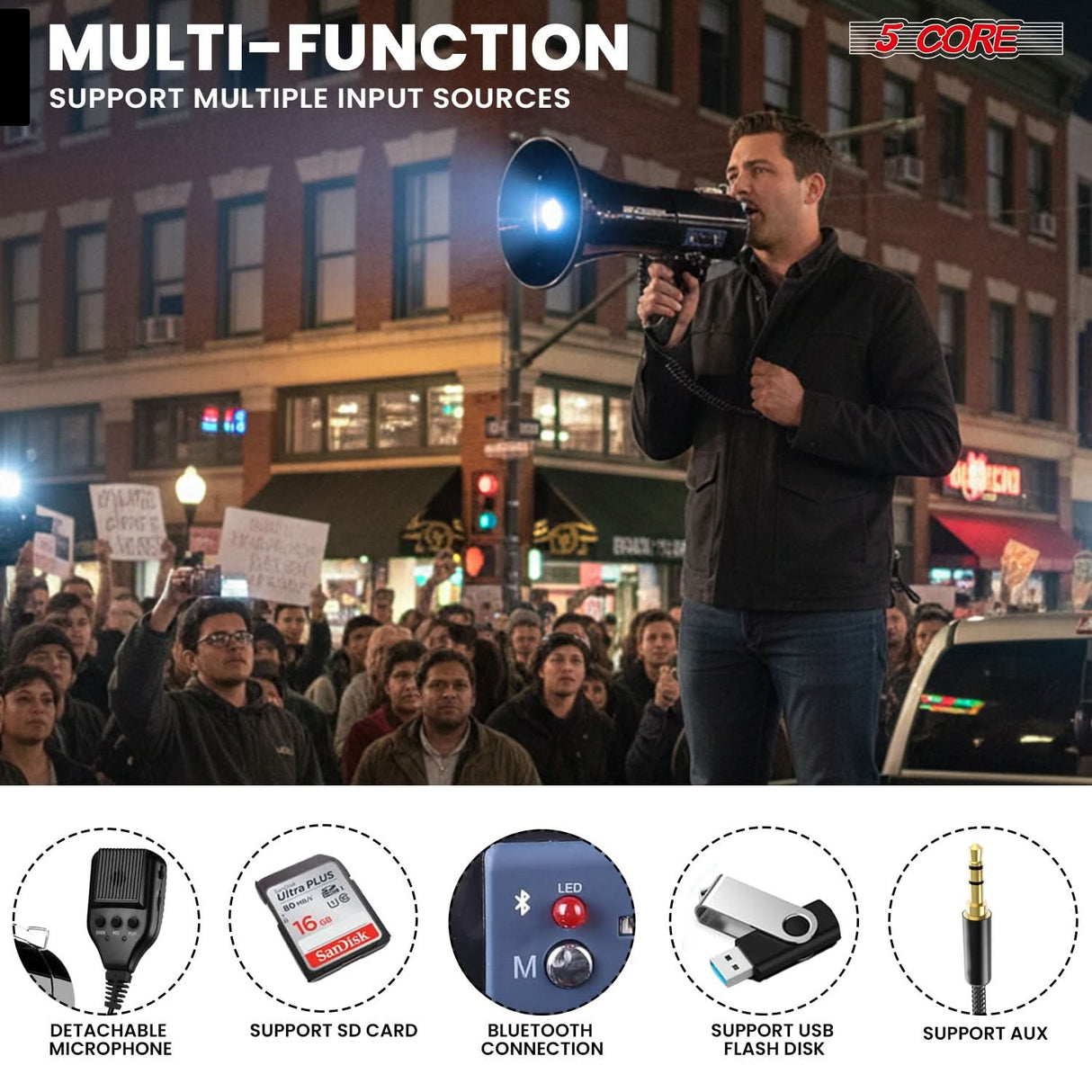 5 Core Megaphone 50W Bluetooth Rechargeable Bullhorn 1100 Yards Loud Siren w LED/USB/SD/AUX