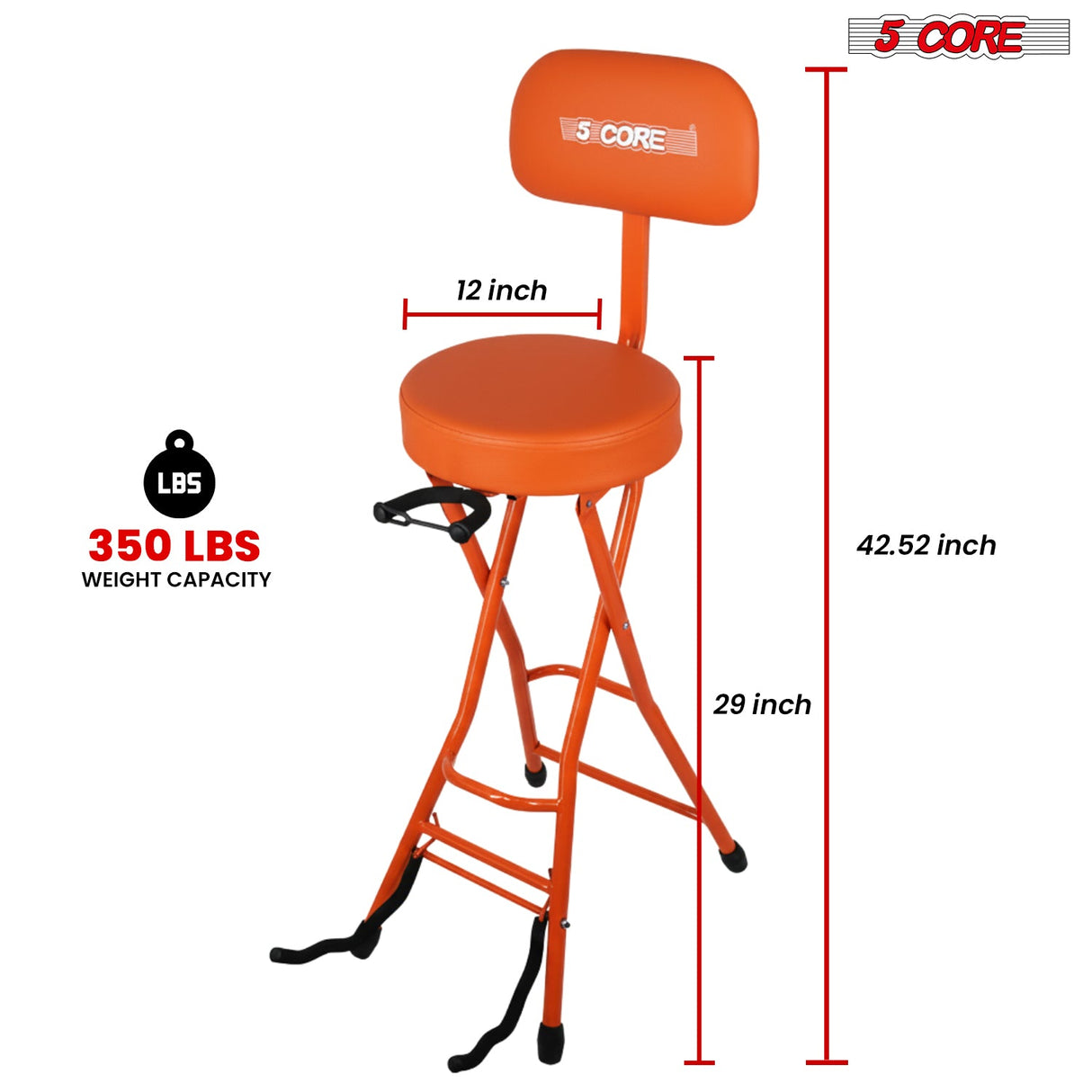 5Core Guitar Stool 3.15" Padded Chair w Backrest Foldable Music Seat Built in Foot Rest Guitar Stand