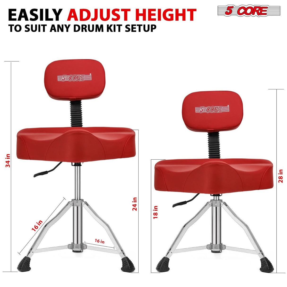 5Core Drum Throne 4" Cushion Padded Stool w Backrest Airlift Height Adjustable Chair w 441Lb Capcity