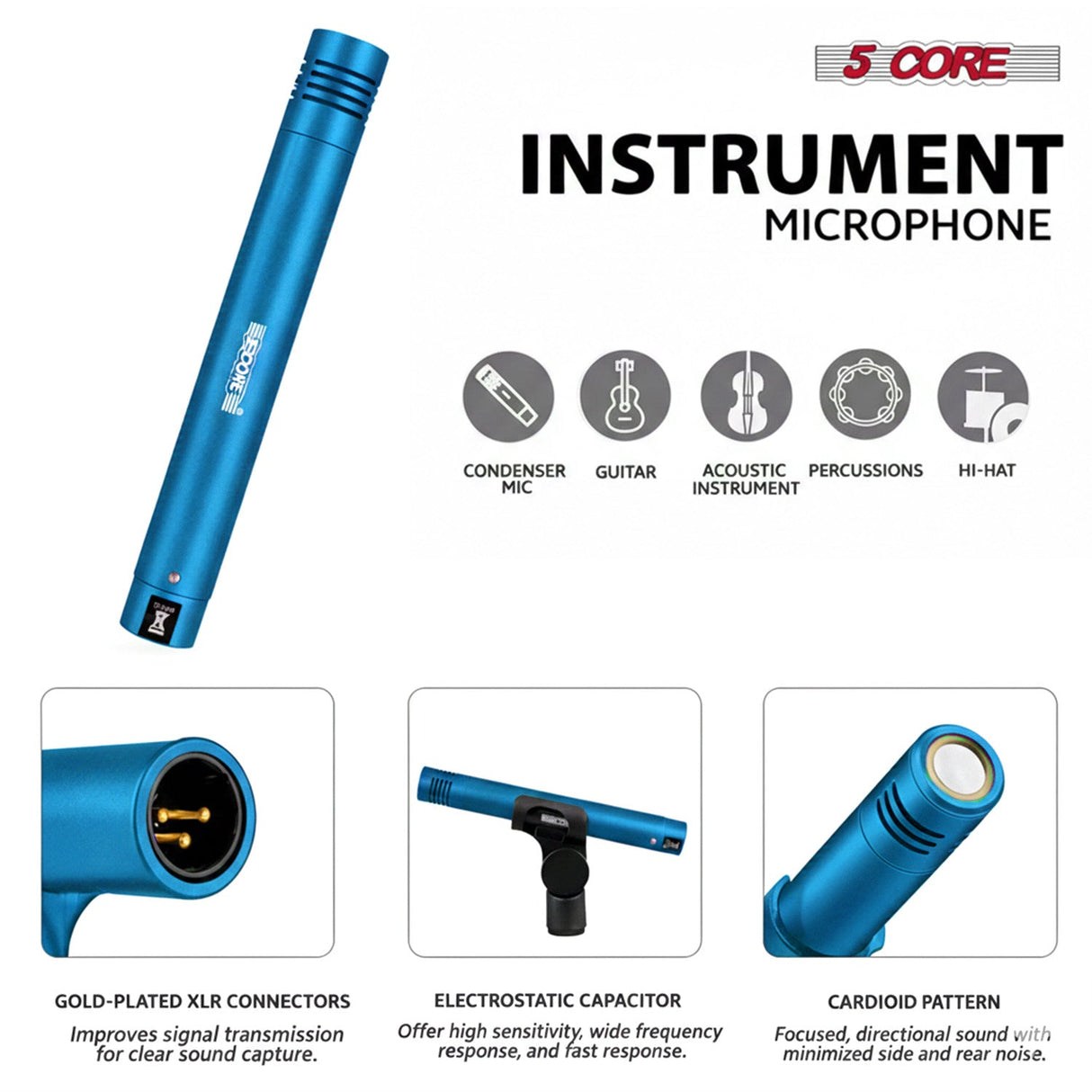 5 Core Conga Mic Snare Tom Set Professional XLR Cardioid Unidirectional Instrument Microphone Kit