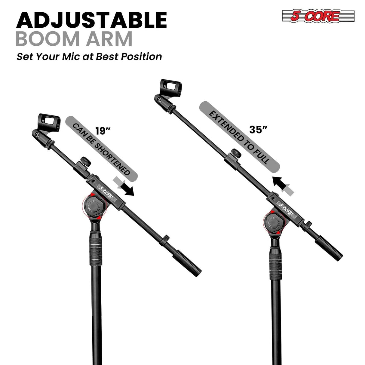 5 Core Mic Stand 2Pcs Adjustable Microphone Stands Floor w 180° Rotating Telescoping Metal Boom Arm