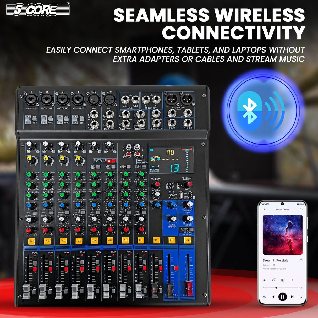 5 Core Audio Mixer 12 Channel DJ Soundboard USB Interface Bluetooth Mixing Console w 99 DSP Effect