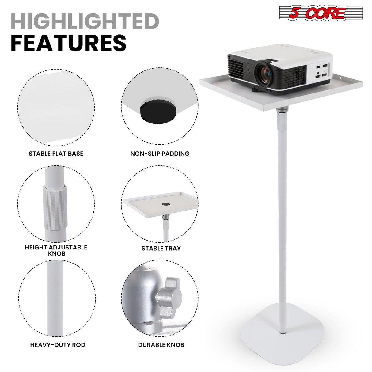 5 Core Projector Stand Floor Adjustable 66" Universal Projectors Support for Home Office & Studio