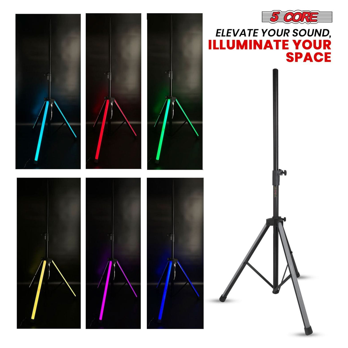 5 Core Speaker Stand Tripod Floor with RGB LED Lights Heavy Duty Adjustable Up to 72 Inch