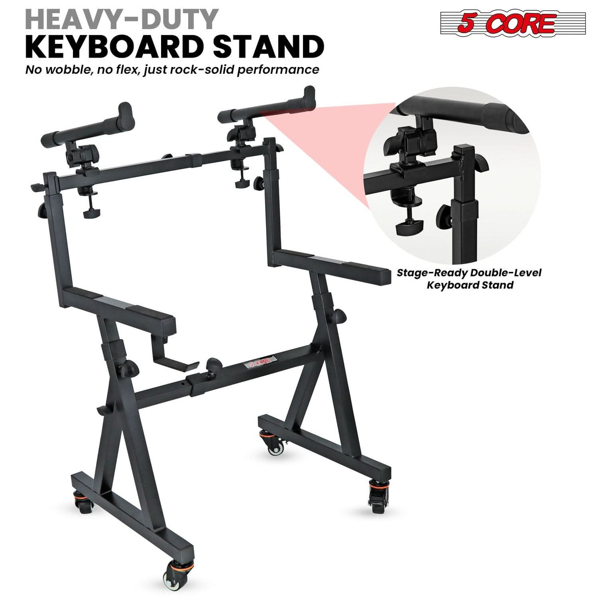 5Core adjustable 2-tier Z style keyboard stand, electric piano riser holder with wheels