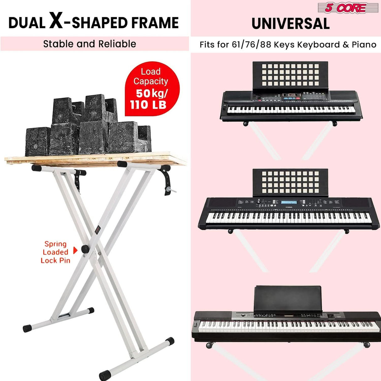 5Core white keyboard stand double X frame for full-size digital pianos