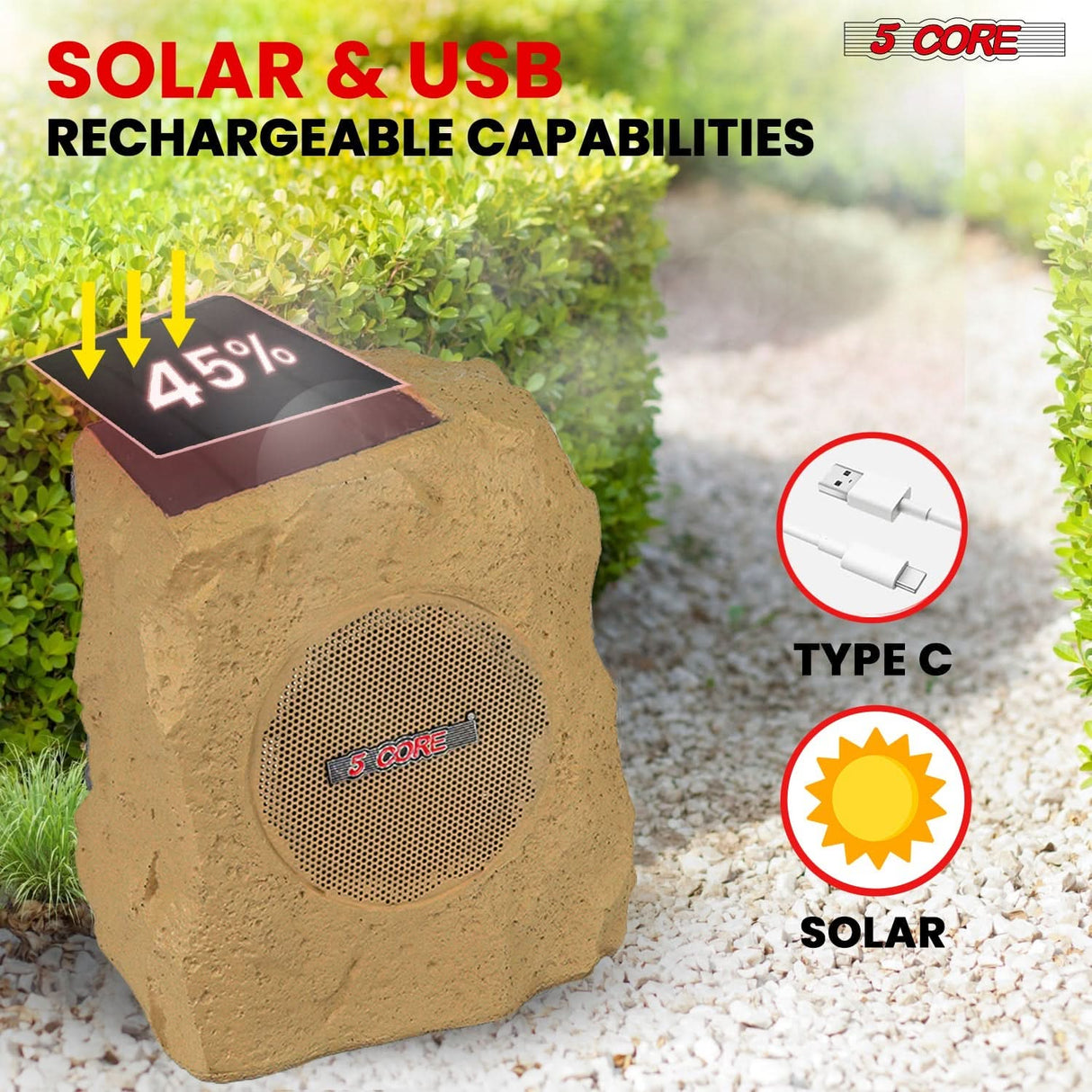 5 Core Rock Speaker Outdoor Waterproof Bluetooth Garden Speakers Solar & USB Charging RGB Colors for Patio Pool & Home