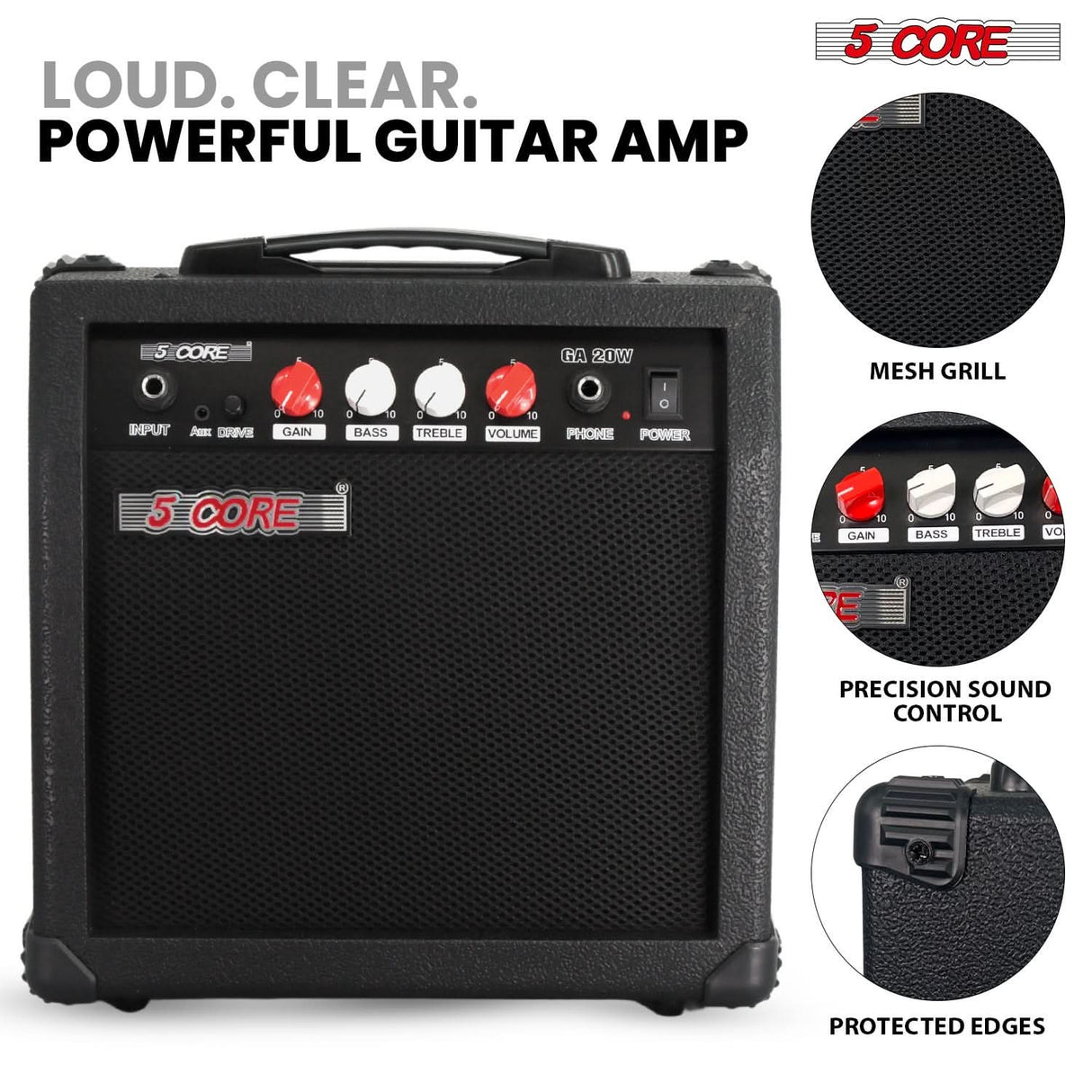 5 Core Guitar Amplifier 20W Electric Portable Mini Amp w Built in 6.5" Speaker Aux Headphone Jack