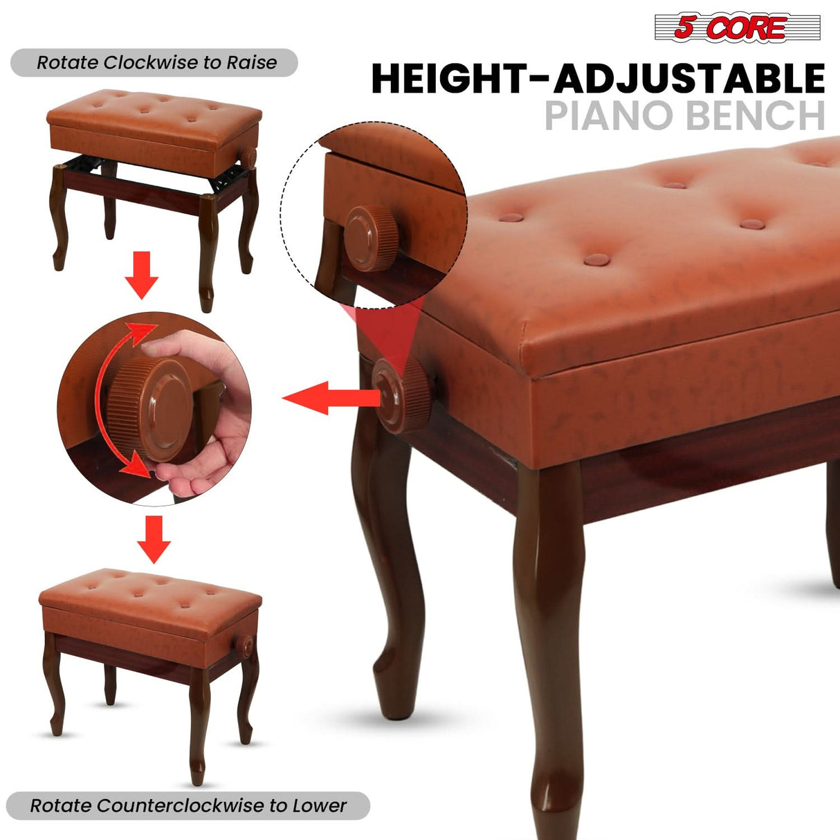 5 Core Piano Bench 3" Padded Cushioned Stool Wooden Heavy Duty Adjustable Musician Chair w Storage