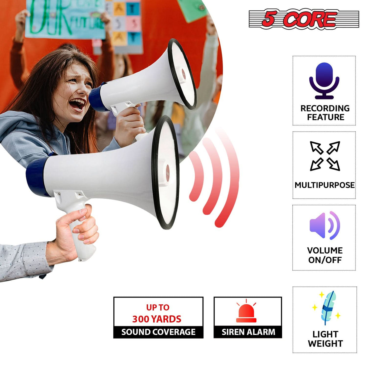 5 Core Megaphone 20W Bull Horn PA Speaker w 300 Yards Range Loud Siren Voice Amp Portable Megafono