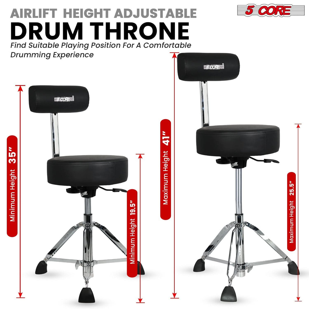 5 Core Drum Throne w Backrest 4" Padded Stool Airlift Adjustable 25.5" Drummer Chair 441Lb Capacity