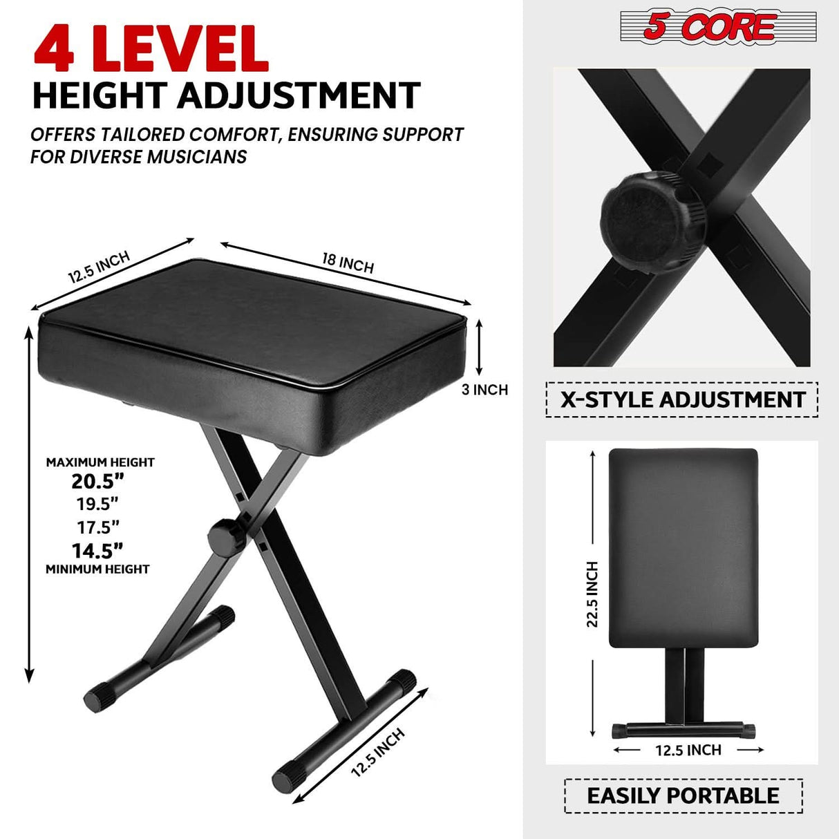 Black 5Core adjustable keyboard stand with double X style and matching piano bench