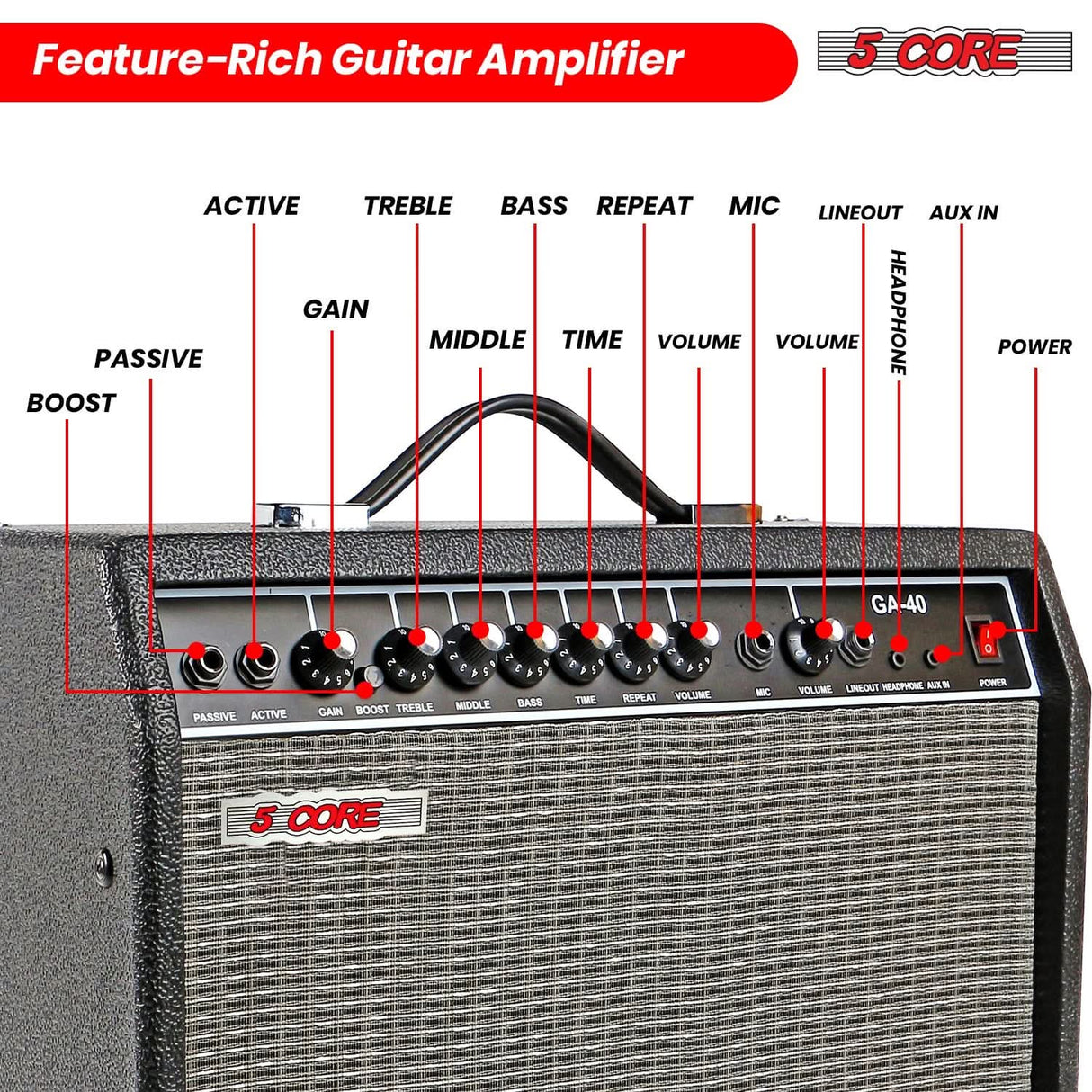 Portable 40W practice amp for guitar bass acoustic by 5 Core