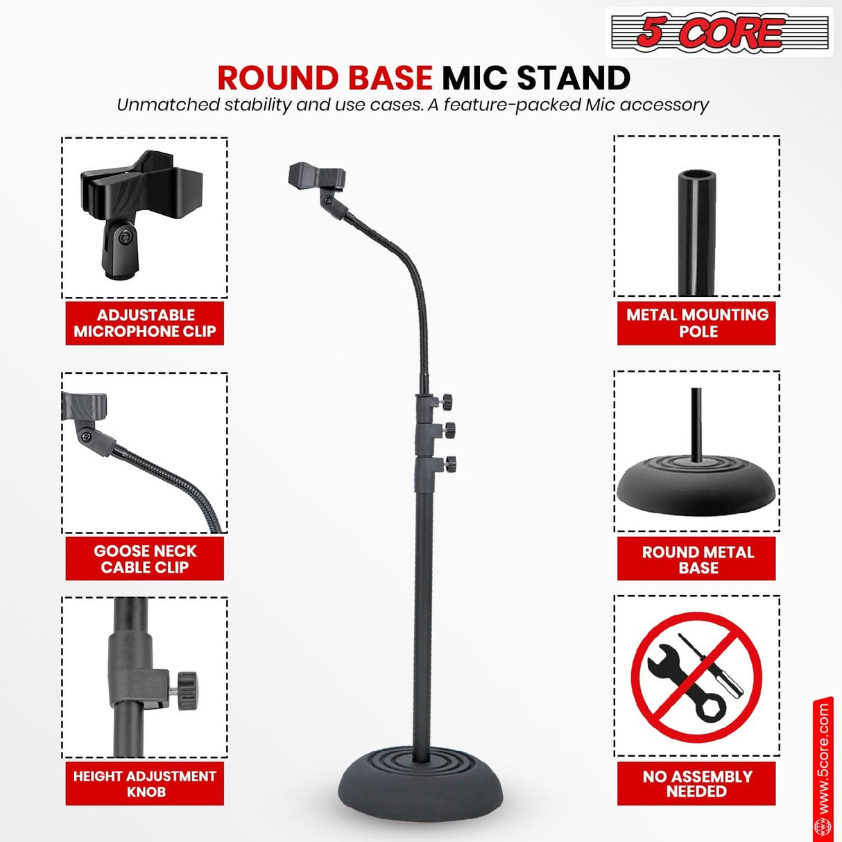 5Core universal adjustable microphone stand with heavy-duty gooseneck, round base