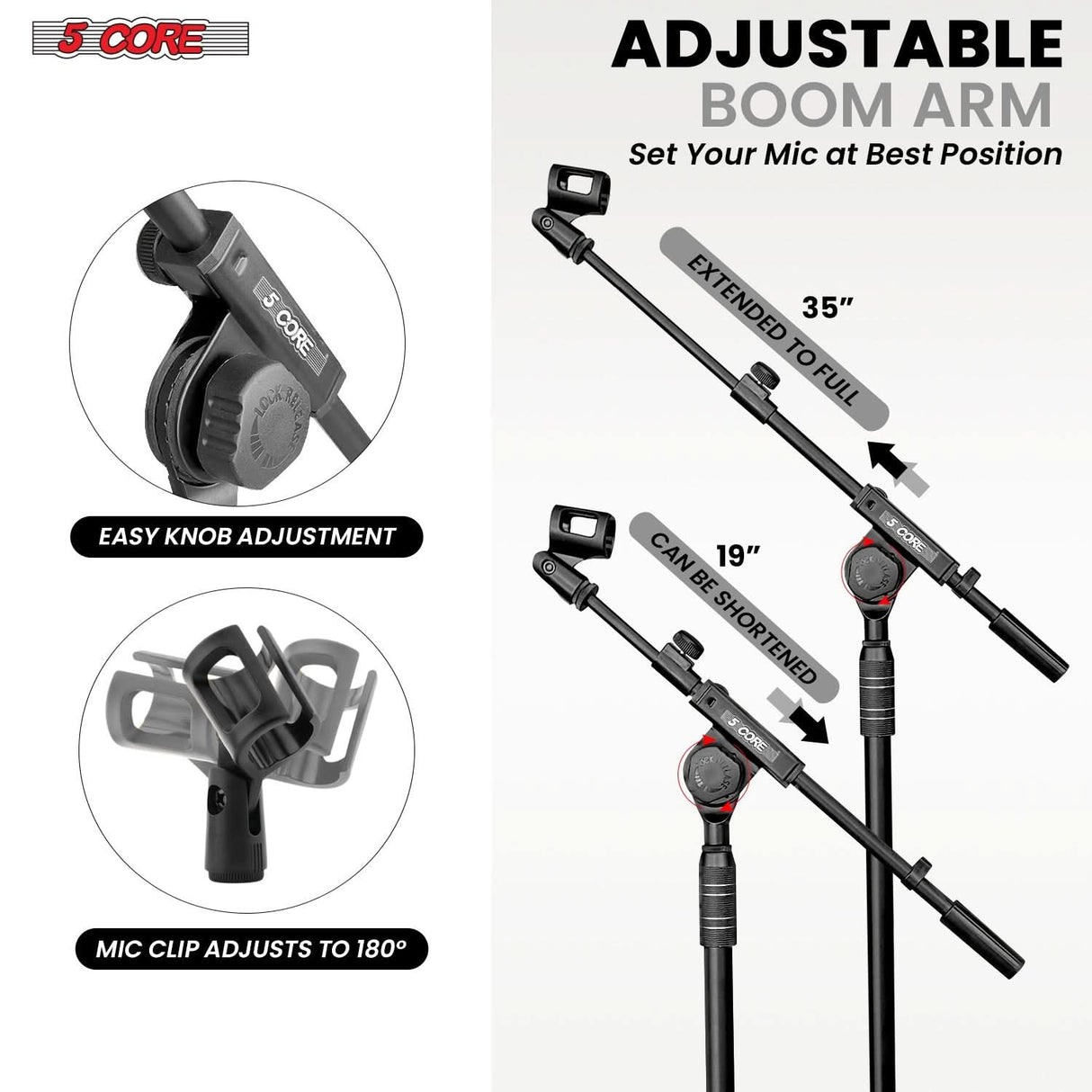 5 Core Microphone Stand Floor Height Adjustable w Extending Telescoping Boom Arm
