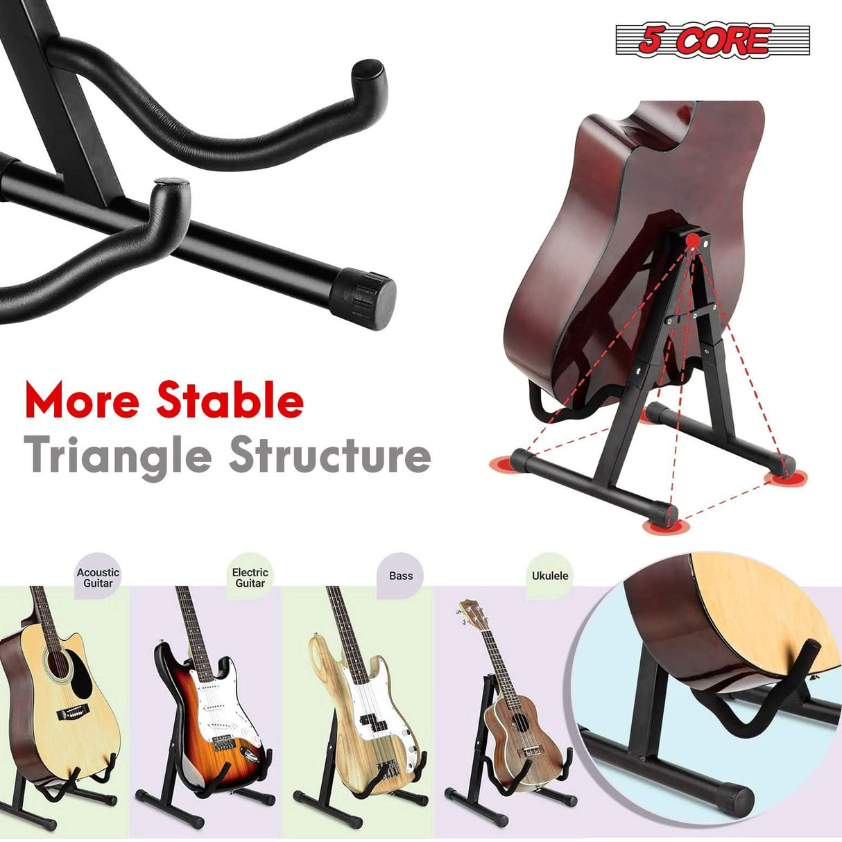 5 Core Guitar Stand A Frame Shape w Soft Foam Arm Non Slip Rubber for Acoustic Electric Bass Ukulele