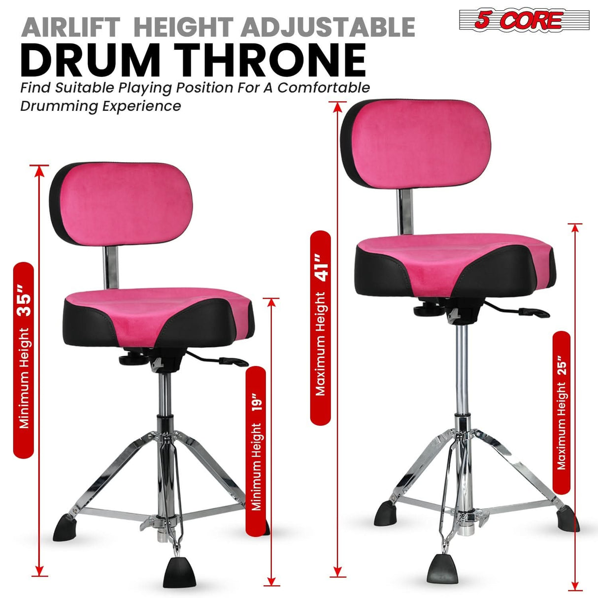 5 Core Drum Throne w Backrest 4" Padded Stool Airlift 25" Adjustable Drummer Stool 441Lb Capacity