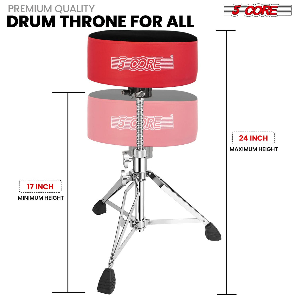 5 Core Drum Throne 5" Padded Guitar Stool Adjustable Heavy Duty Music Chair Seat w Luxury Velvet Top