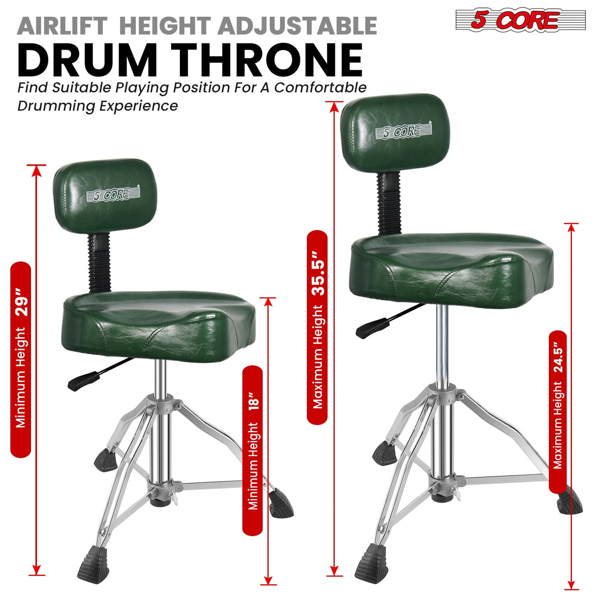 5 Core Drum Throne w Backrest 4" Padded Stool Adjustable 24.5" Drummer Chair w 441Lb Capacity