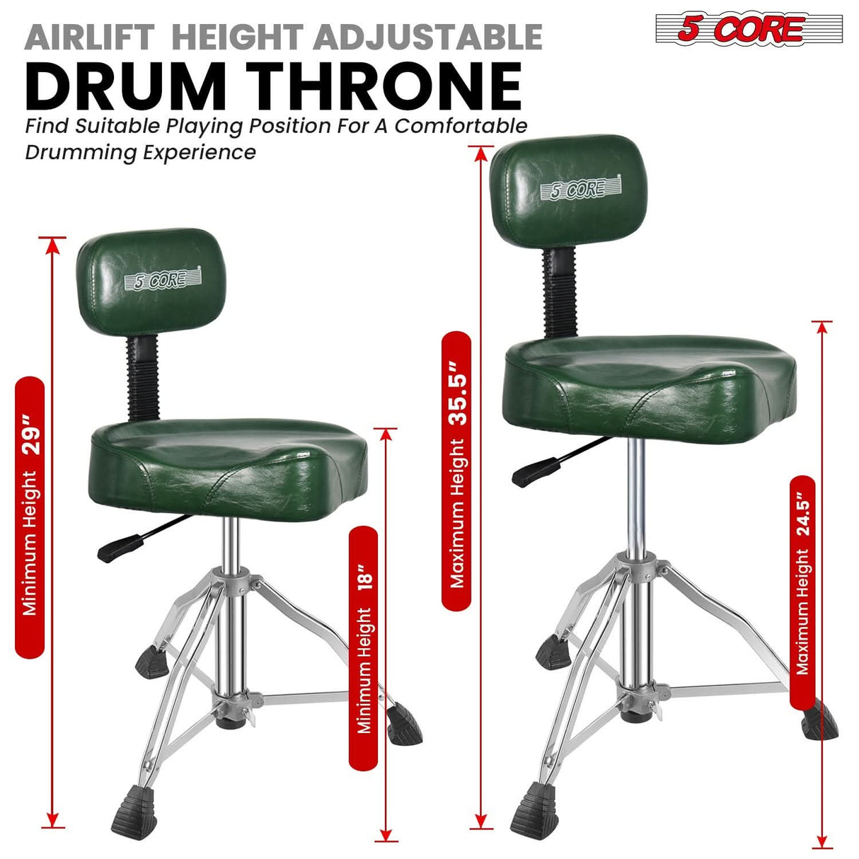 5 Core Drum Throne w Backrest 4" Padded Stool Adjustable 24.5" Drummer Chair w 441Lb Capacity