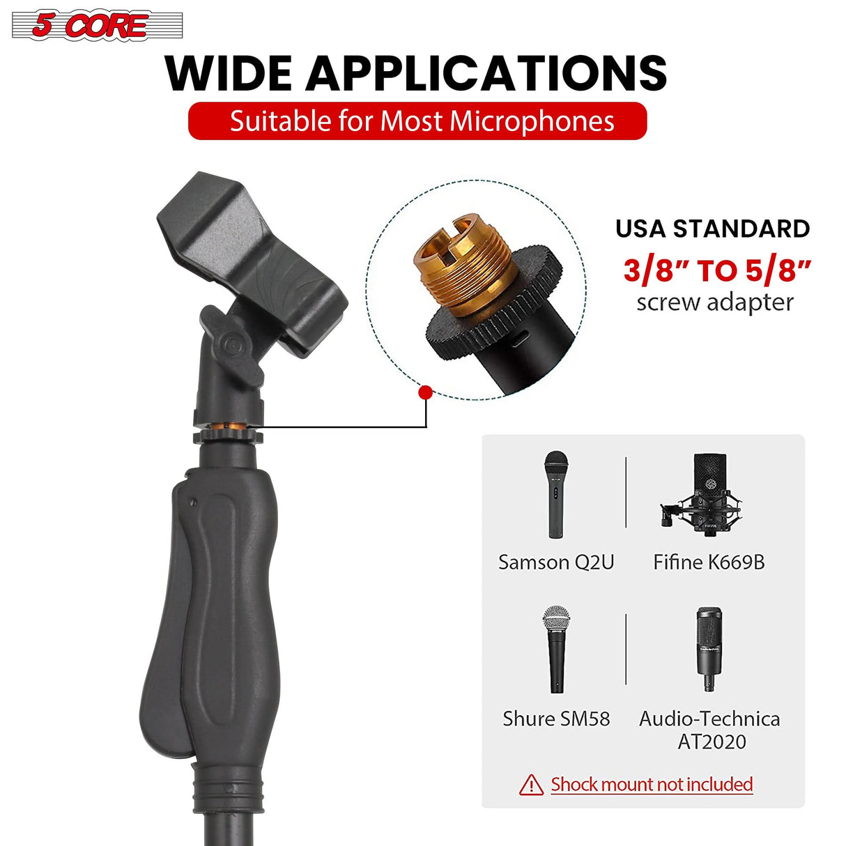 5 Core Microphone Stand Pair Universal Floor Height Adjustable 35 to 57" Round Base Mic Stands Quick Setting Lock-Tight Knob w 5/8 Thread Adapter