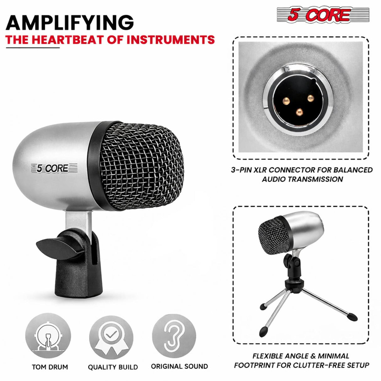 5 Core Conga Mic Snare Tom Set Professional XLR Cardioid Condenser Instrument Microphone Kit
