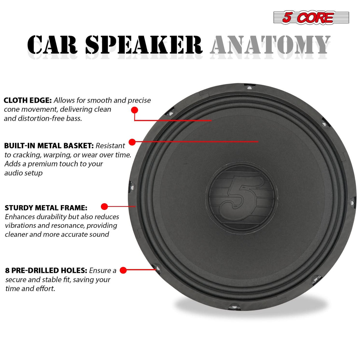 5 Core 12 Inch Speaker Pair Car Audio 200W Powerful Replacement Component Driver 4Ohm Loudspeaker