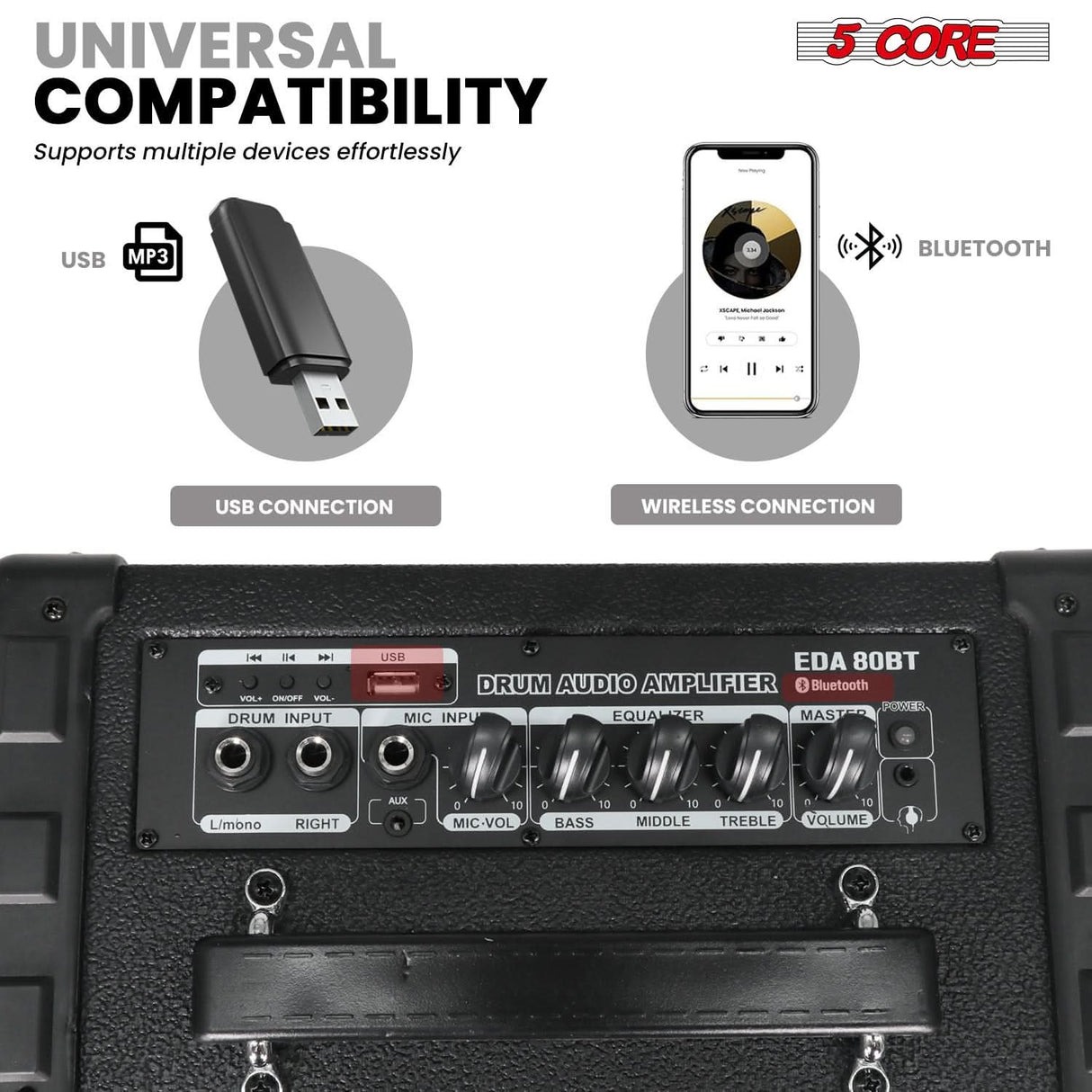 5 Core Electric Drum Amplifier 80W Professional Bluetooth Drumming Amp w 8” Speaker w 3 Band EQ