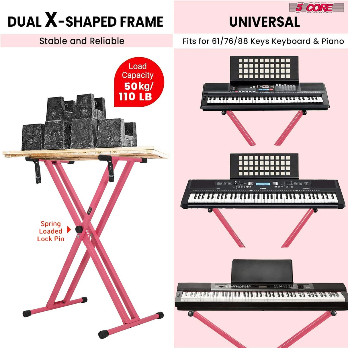 5Core PINK adjustable keyboard stand with bench double X style