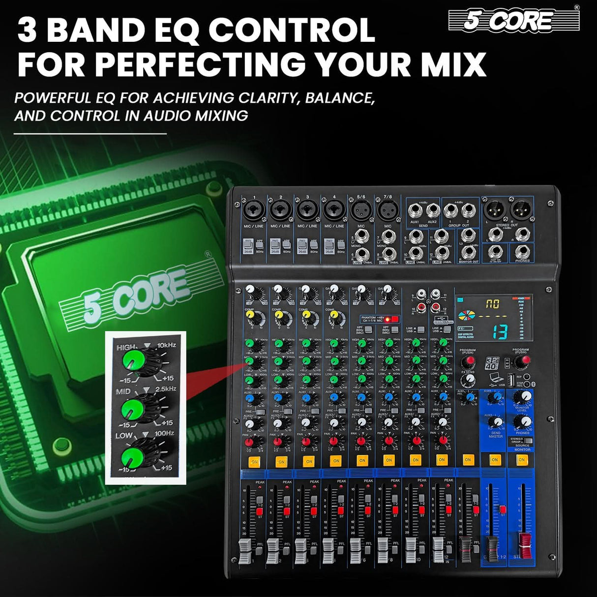 5 Core Audio Mixer 12 Channel DJ Soundboard USB Interface Bluetooth Mixing Console w 99 DSP Effect