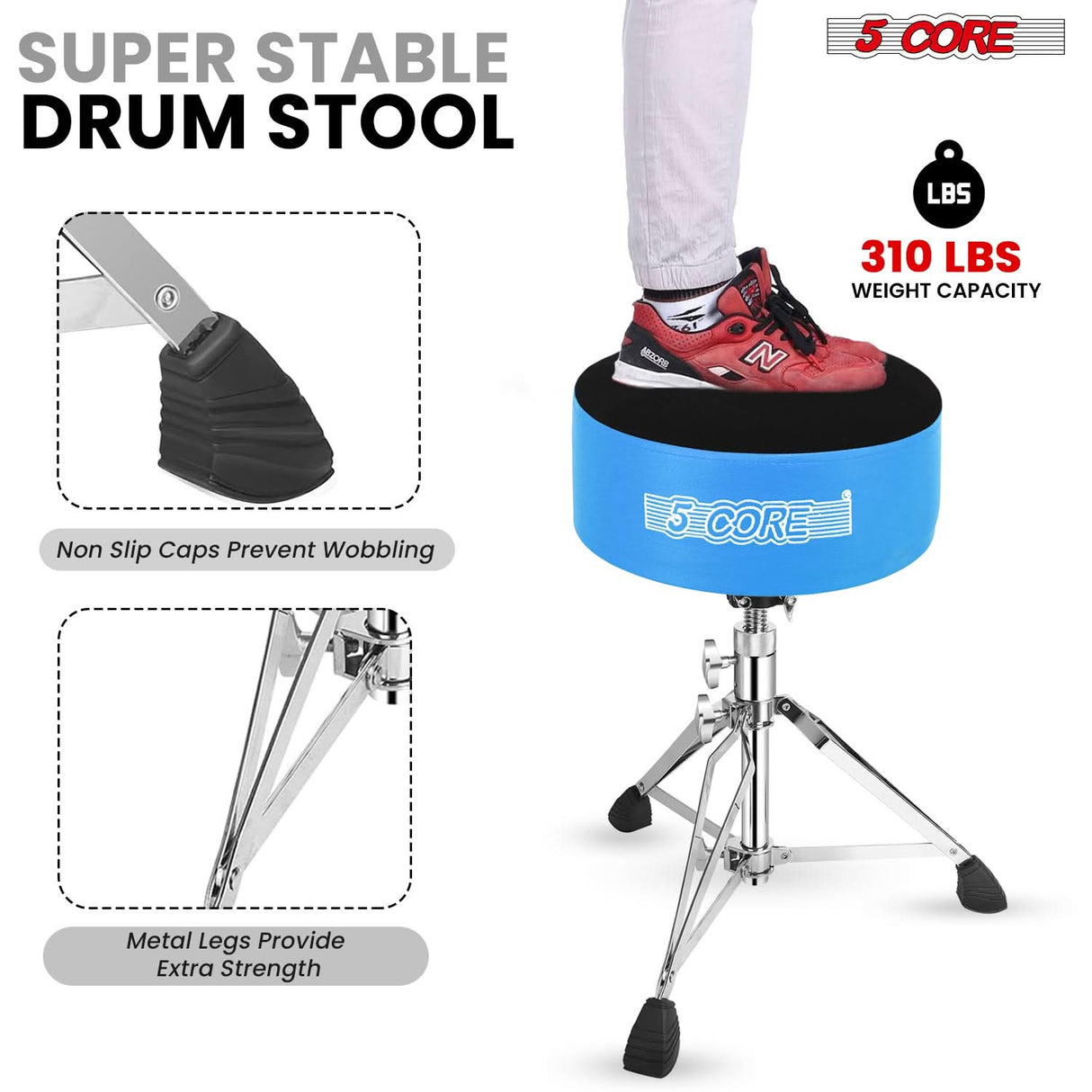 5 Core Drum Throne 5" Padded Velvet Top Guitar Stool Drummer Chair Swivel Adjustable Musician Seat