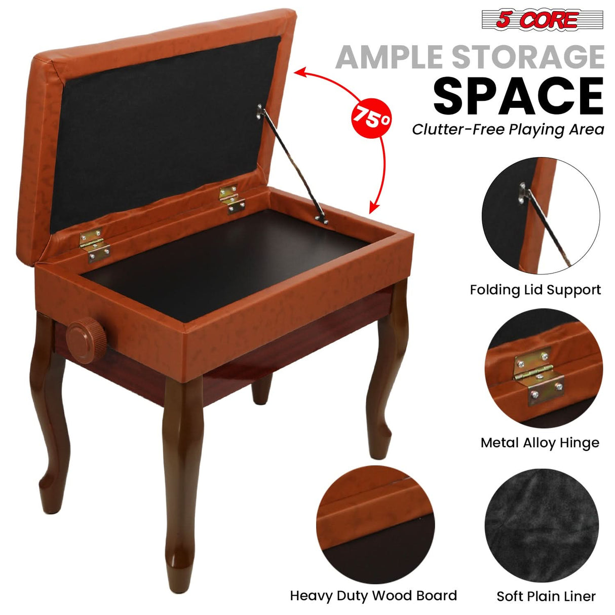 5 Core Piano Bench 3" Padded Cushioned Stool Wooden Heavy Duty Adjustable Musician Chair w Storage