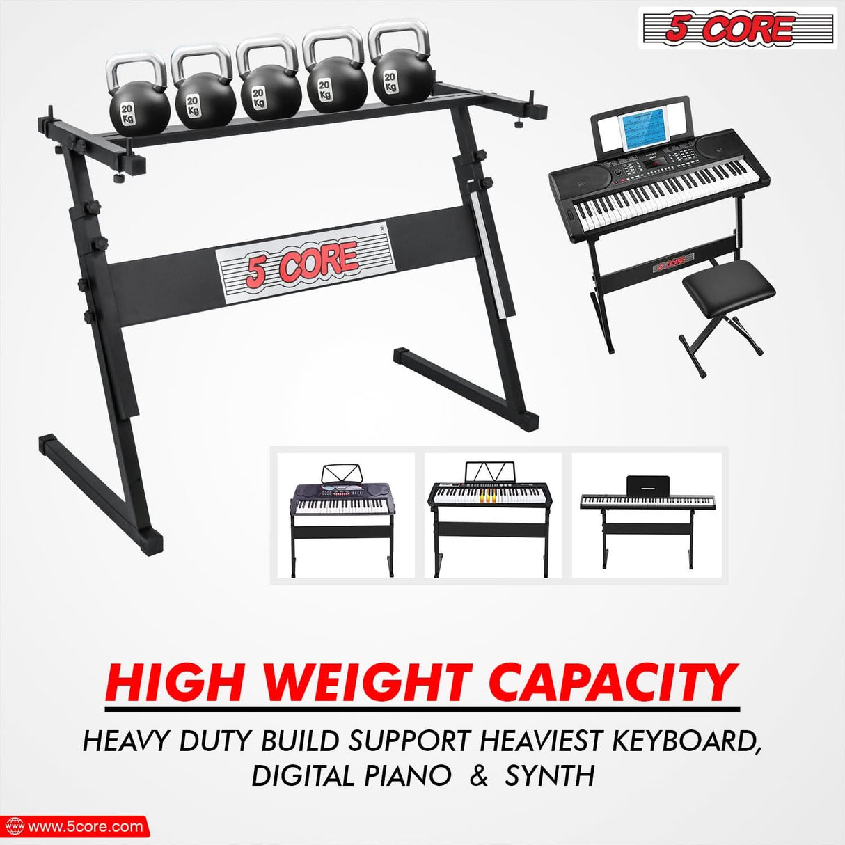 Sturdy 5Core adjustable piano riser and bench set for studio use