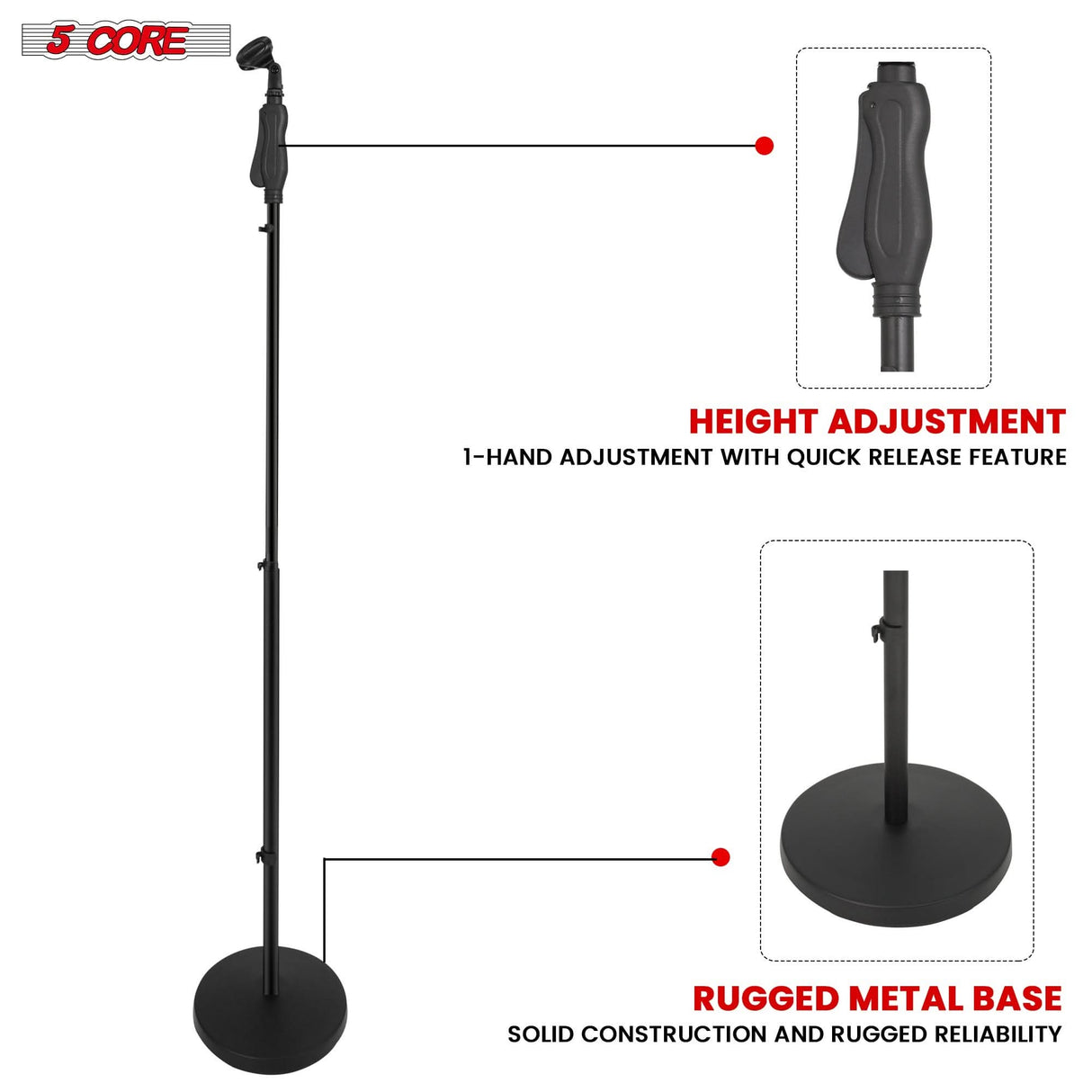 5 Core Microphone Stand Universal Floor Height Adjustable 35 to 57" Round Base Mic Stands Quick Setting Lock-Tight Knob w 5/8 Thread Adapter