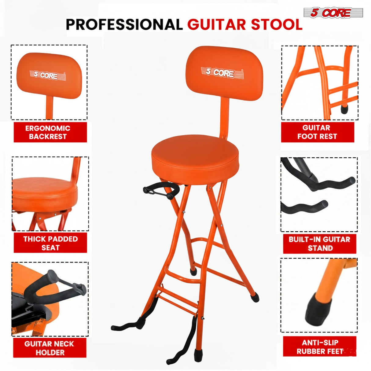 5Core Guitar Stool 3.15" Padded Chair w Backrest Foldable Music Seat Built in Foot Rest Guitar Stand