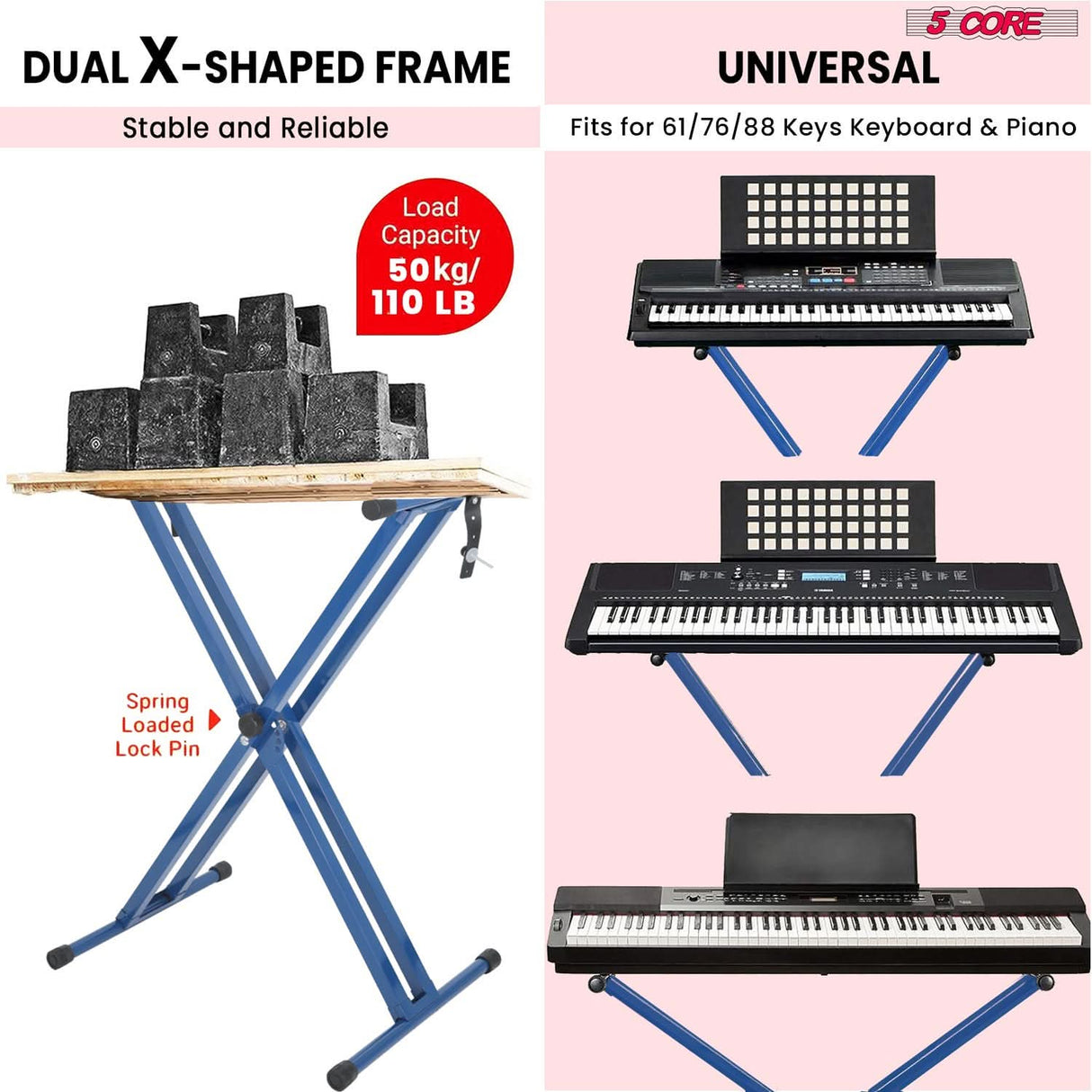 5Core BLUE double X style keyboard stand with black piano bench