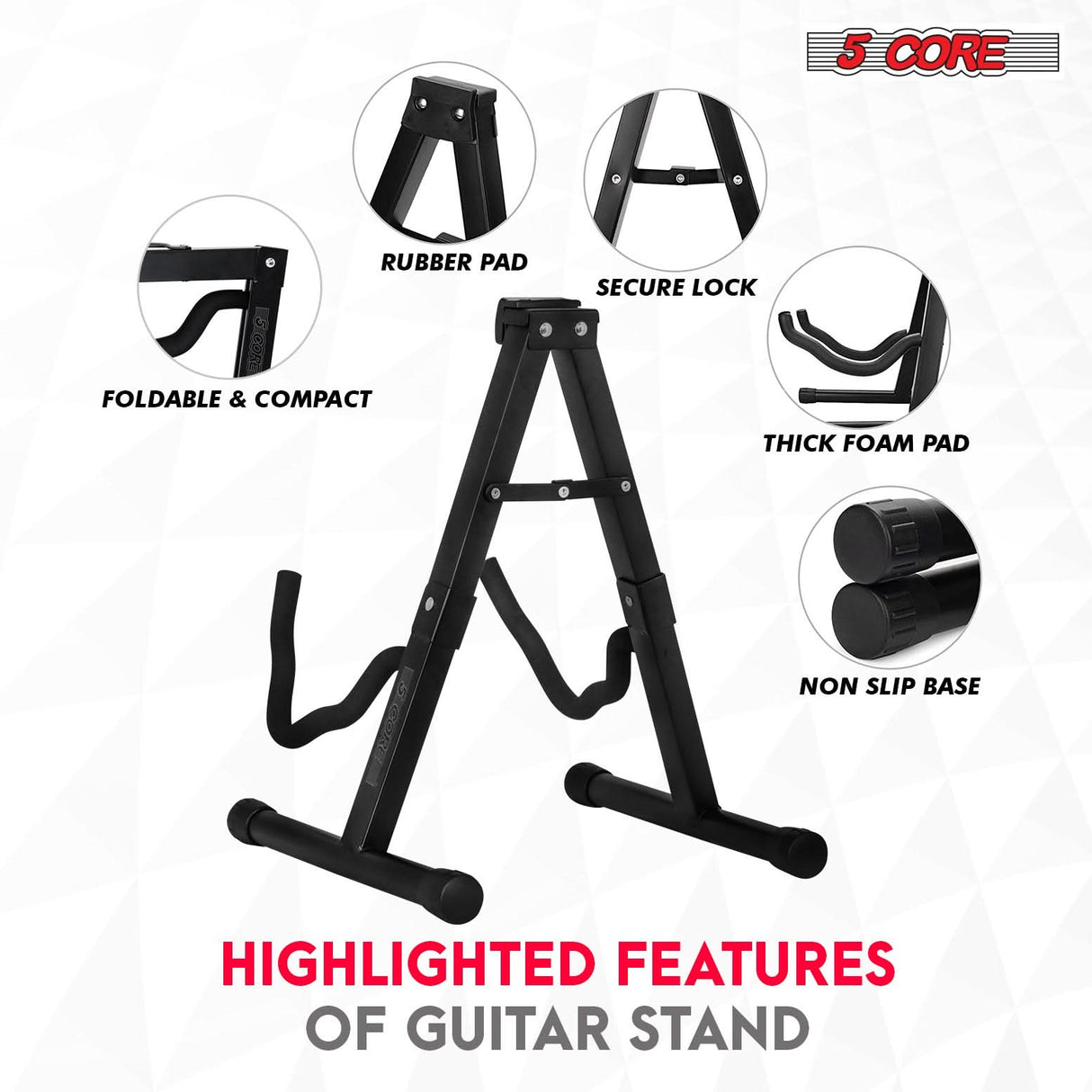 5 Core Guitar Stand A Frame w Soft Foam Arm Non Slip Rubber for Acoustic Electric Bass Ukulele