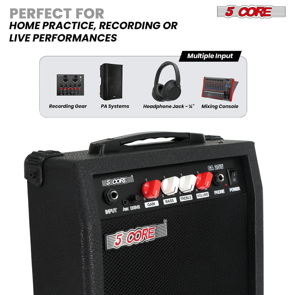 5 Core Guitar Amplifier 20W Electric Portable Mini Amp w Built in 6.5" Speaker Aux Headphone Jack