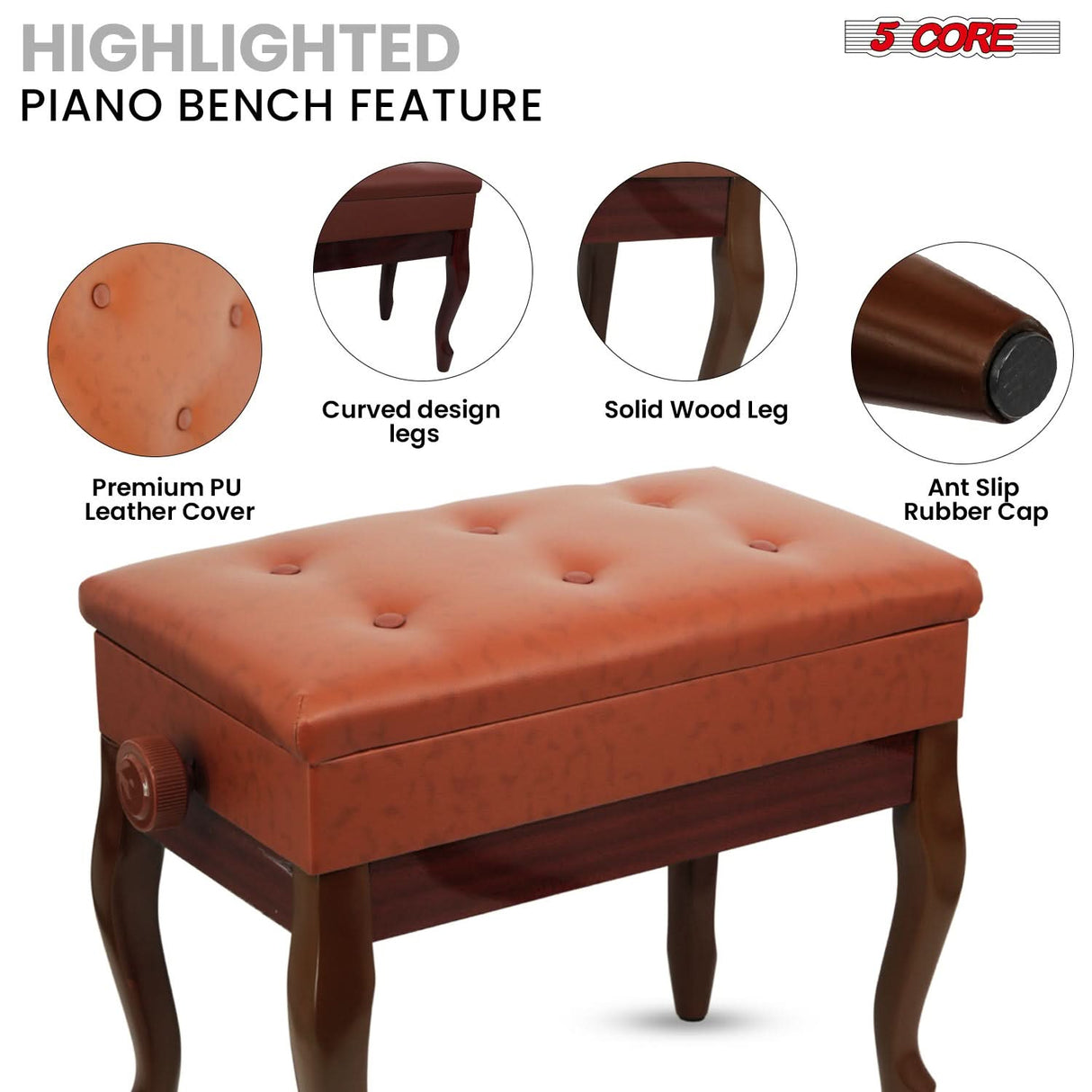 5 Core Piano Bench 3" Padded Cushioned Stool Wooden Heavy Duty Adjustable Musician Chair w Storage