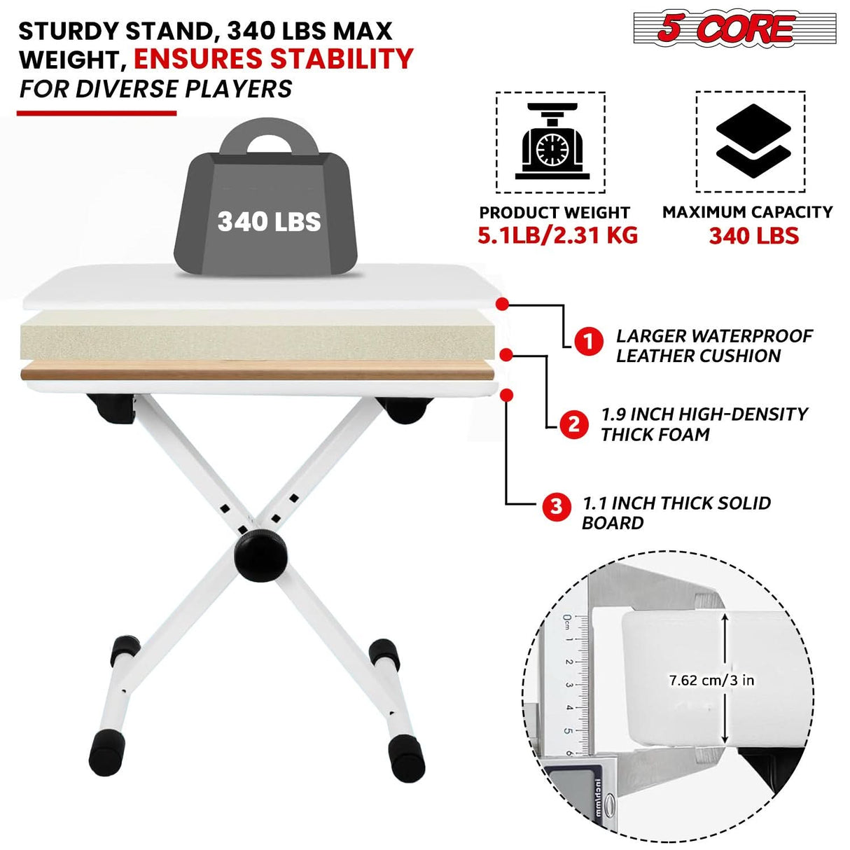 5Core Keyboard Stand Adjustable z Style Piano Riser + Keyboard Piano Bench WHITE