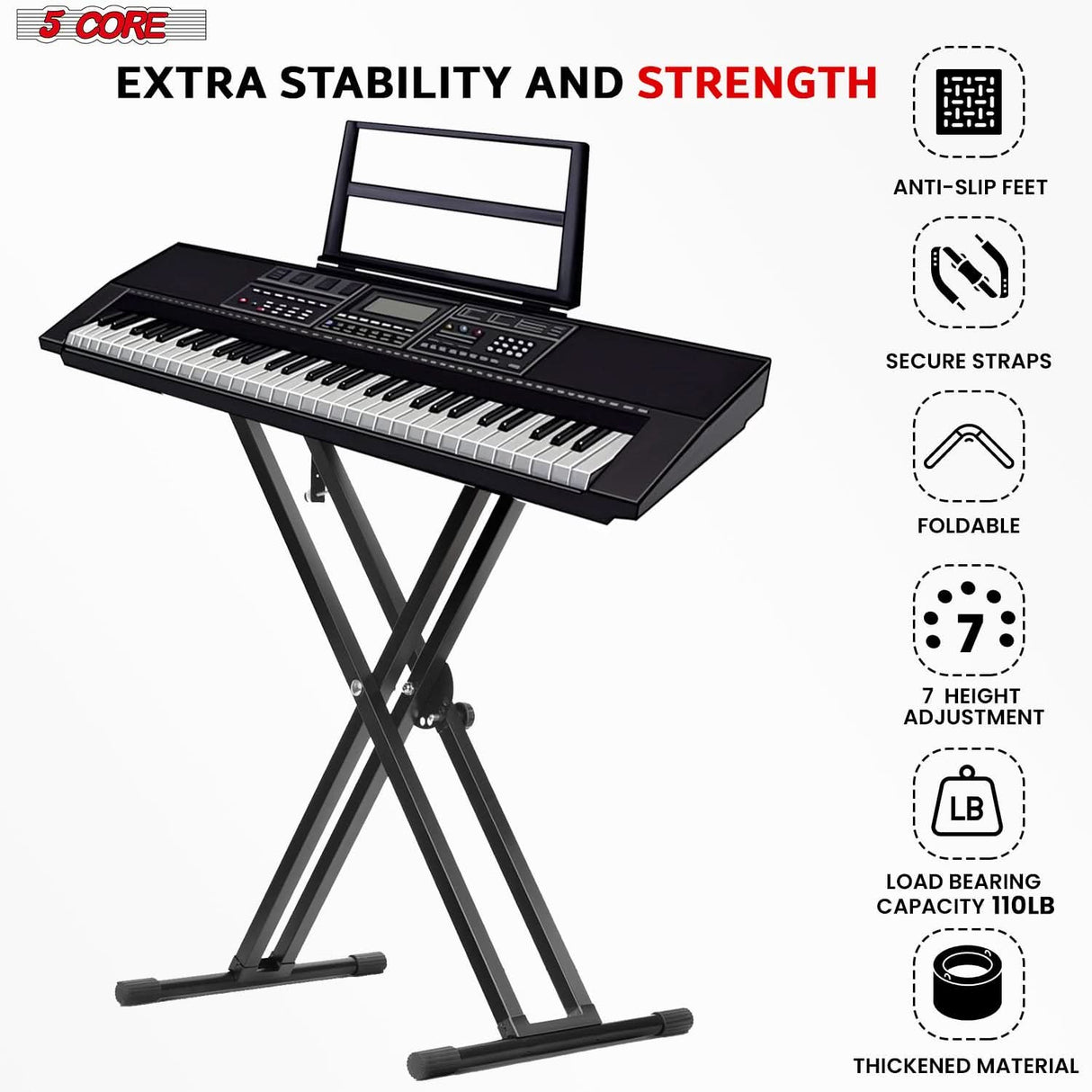 Black double-X piano stand offering flexible height adjustment for players