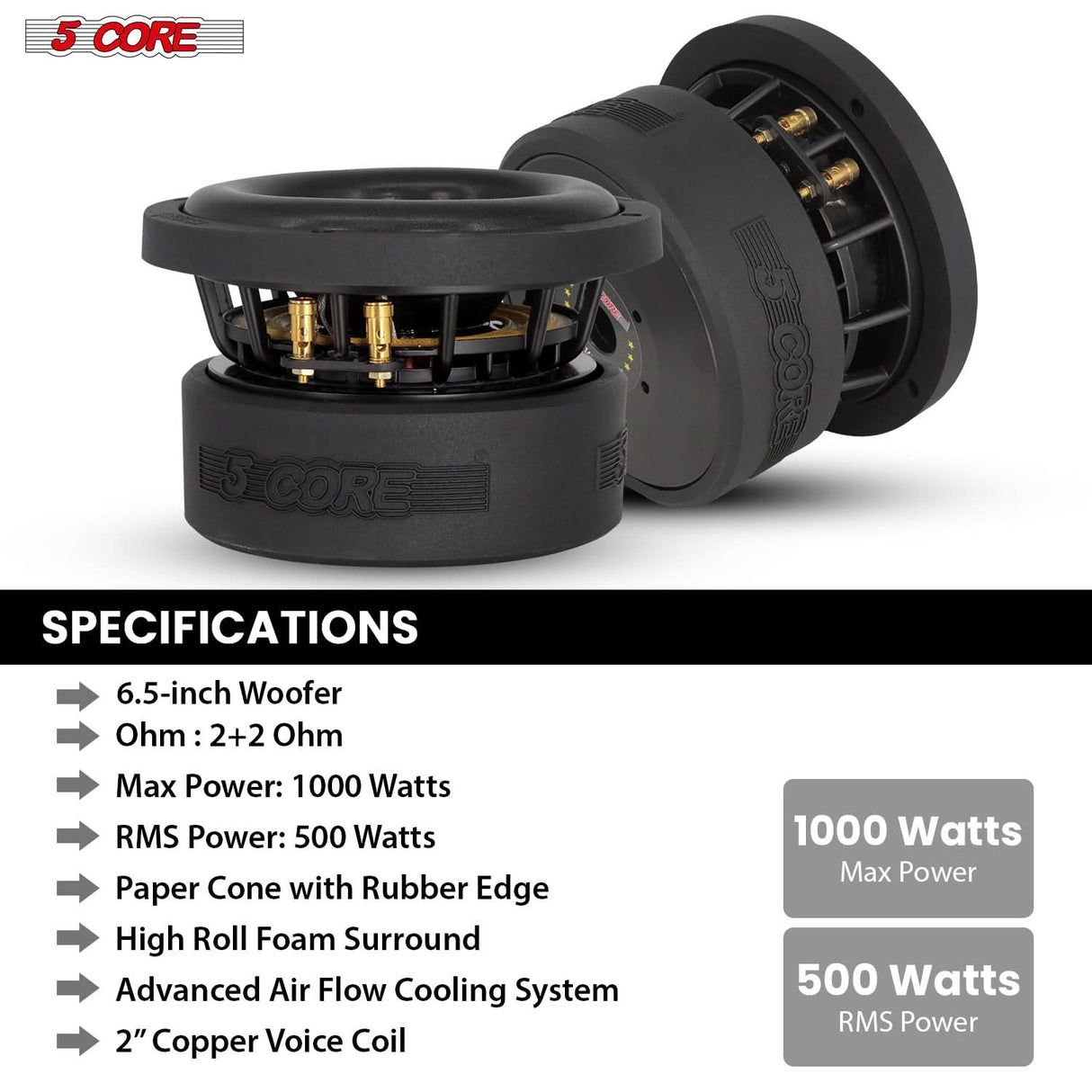 5Core 6.5 Inch Car Subwoofer Dual 2Ohm 1000W Speaker Sub Woofer Driver Aluminum Frame 6.5” Woofers