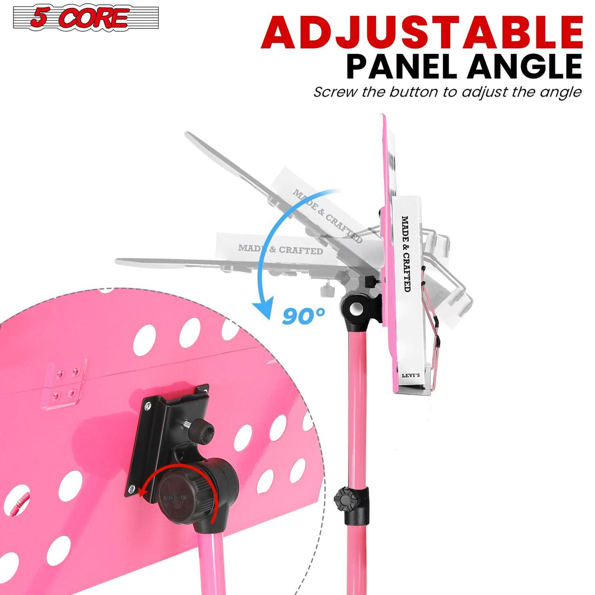 5Core portable folding music stand in pink, adjustable tripod note holder for sheet music