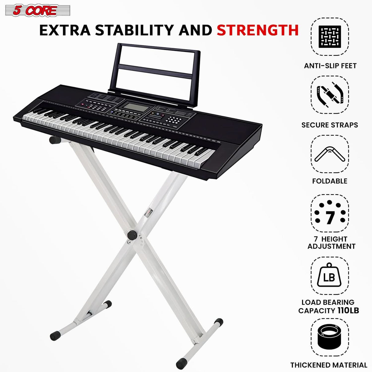 Double X white keyboard stand height adjustable by 5Core