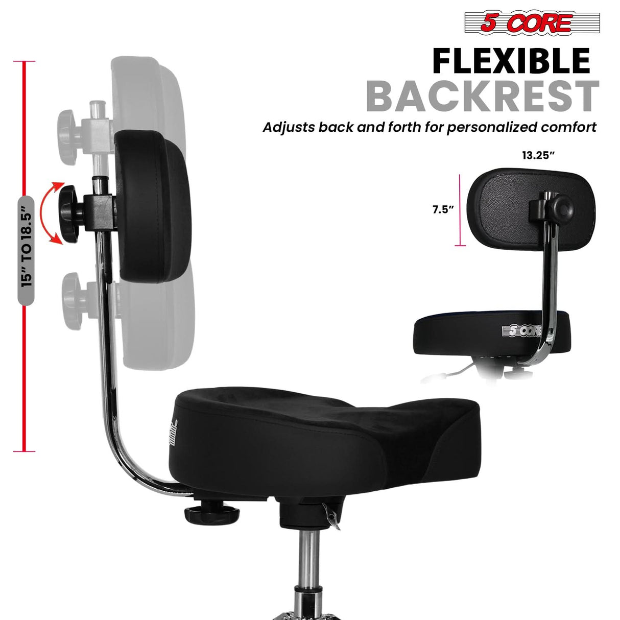 5 Core Drum Throne w Backrest 4" Padded Stool Airlift 25" Adjustable Drummer Stool 441Lb Capacity
