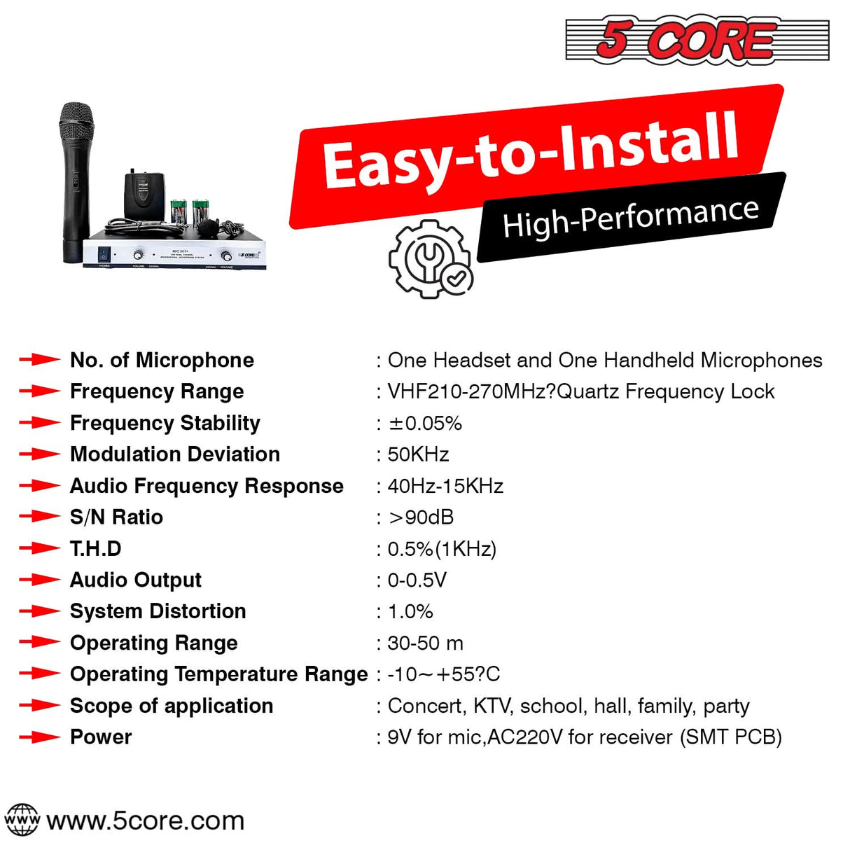 5Core Wireless Microphones w 2 Headset Portable Mini Microfono Inalambricos + Receiver 165ft Range