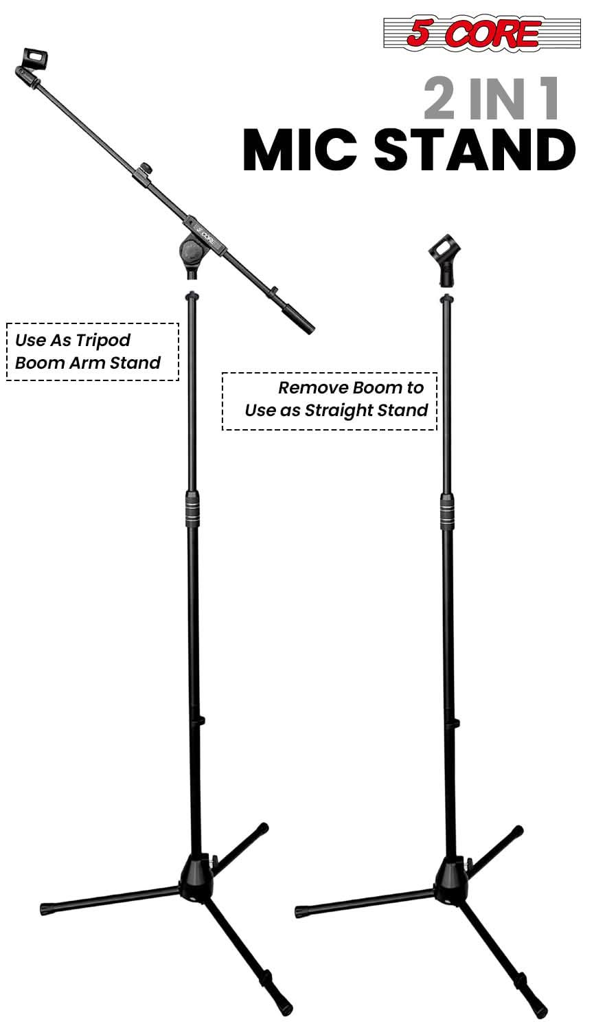 5 Core Mic Stand 2Pcs Adjustable Microphone Stands Floor w 180° Rotating Telescoping Metal Boom Arm