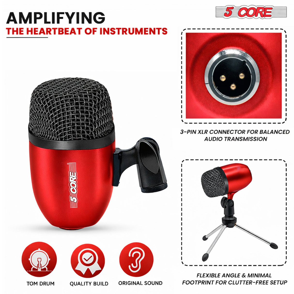 5 Core Conga Mic Snare Tom Set Professional XLR Cardioid Unidirectional Instrument Microphone Kit